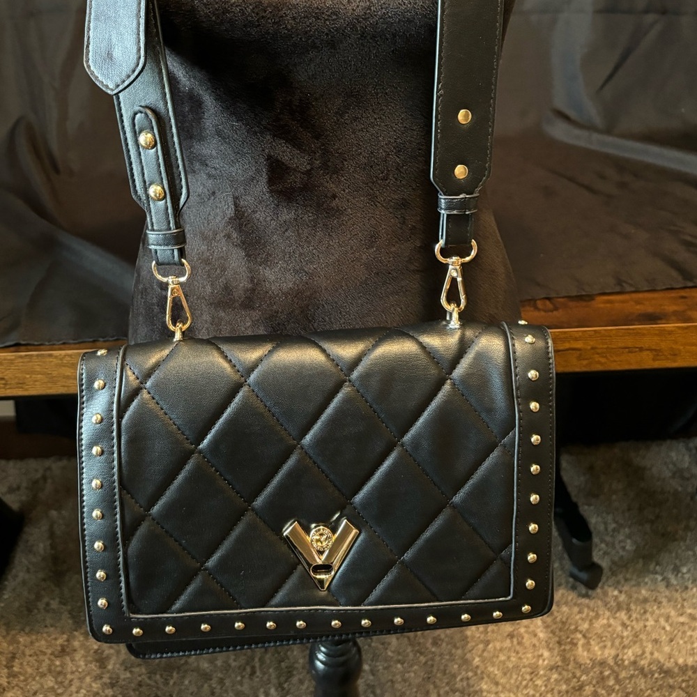 Used Valentino Orlandi Italy black quilted gold studded crossbody clutch purse